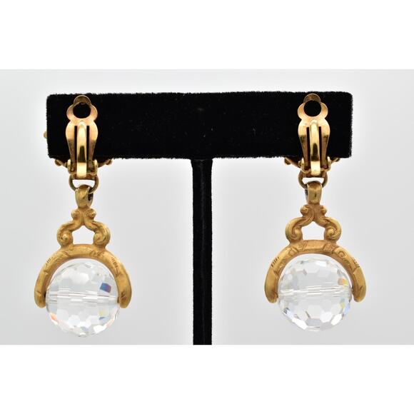 DKNY Vintage Crystal Ball Clip Earrings Antiqued Brushed Gold Signed 1980s BinW - Picture 10 of 12